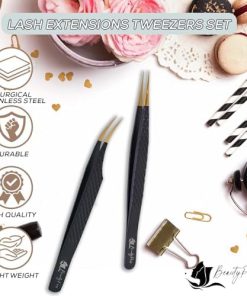 Alternative view of BeautyPros Kirpik Uzatma Kiti - Paslanmaz Çelik Düz ve Kavisli Cımbız Seti - Hacim Kirpik Uzatma İçin Klasik Uçlu Cımbız - 2'li Paket - Pembe Cımbız (Siyah)