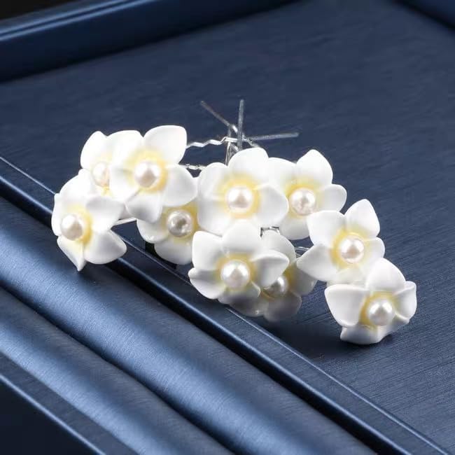 Alternative view of ZhangyiHot 10 adet beyaz ve sarı Hawaii Plumeria çiçek gelin düğün saç iğneleri, kristal inci çiçek saç tokalarım kadınlar için gelin düğün takı aksesuarları kızlar için hediye saç aksesuarları