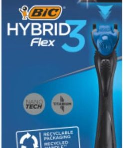 BIC Hybrid 3 Flex Erkek Tıraş Bıçağı 1 Sap ve 4 Yedek Başlık (3 Bıçak), 3 Nano Teknolojik Titanyum Bıçak, E Vitamini ile Zenginleştirilmiş Geniş Kayganlaştırıcı Bant