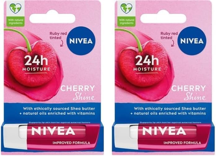 NIVEA Kiraz Dudak Bakım Kremi, 24 Saat Nem, Dudak Bakımı, Kiraz Kokusu, Hafif Kırmızı Işıltı (4,8gr) 2li paket