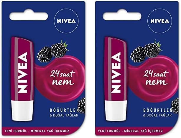 NIVEA Böğürtlen Dudak Bakım Kremi, 24 Saat Nem, Hafif Bordo Işıltı, Doğal Yağlar ile Gün Boyu Dudak Bakımı, Böğürtlen Kokusu, 4.8 gr 2li paket