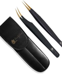 BeautyPros Kirpik Uzatma Kiti - Paslanmaz Çelik Düz ve Kavisli Cımbız Seti - Hacim Kirpik Uzatma İçin Klasik Uçlu Cımbız - 2'li Paket - Pembe Cımbız (Siyah)