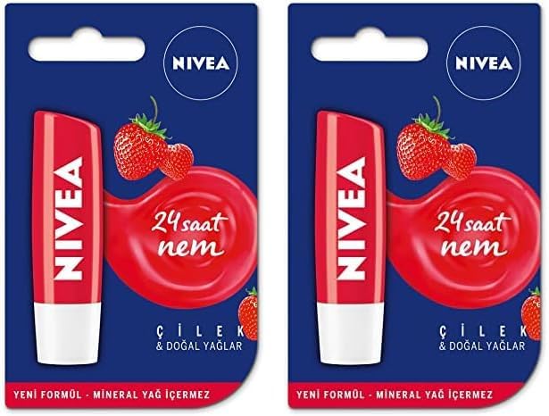 NIVEA Çilek Dudak Bakım Kremi 4.8 g, 24 Saat Nem, Dudak Bakımı, Çilek Kokusu, Hafif Kırmızı Işıltı 2li paket