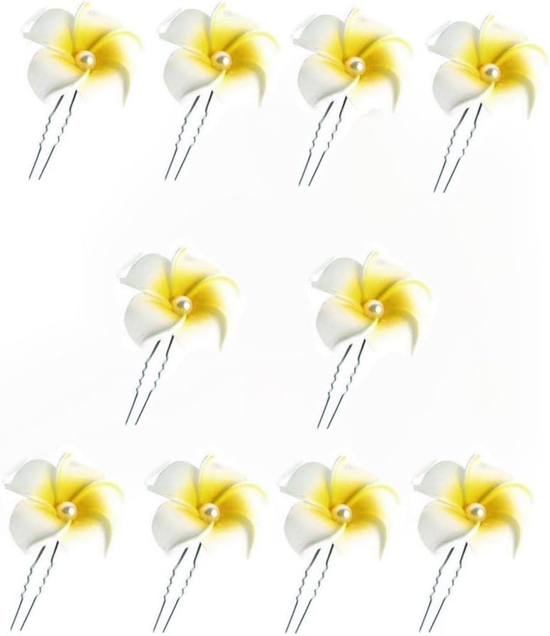 ZhangyiHot 10 adet beyaz ve sarı Hawaii Plumeria çiçek gelin düğün saç iğneleri, kristal inci çiçek saç tokalarım kadınlar için gelin düğün takı aksesuarları kızlar için hediye saç aksesuarları