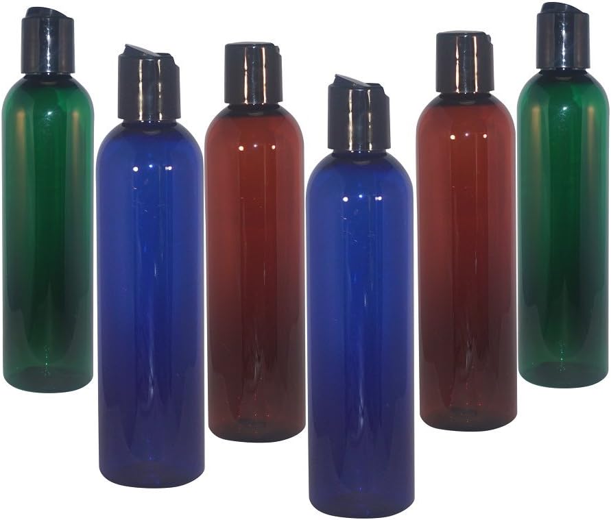wolfmoon botanicals WM (6'lı Set) 8oz Çok Renkli Doldurulabilir, Yeniden Kullanılabilir, Boş Plastik Şişeler w/Siyah Pres Disk Kapağı – MFG. ABD. Seyahatte kullanılır, DIY Aromaterapi