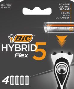 BIC Hybrid 5 Flex 4'lü Yedek Tıraş Bıçağı Kartuşu (5 Bıçak), 5 Nano Teknolojik Titanyum Bıçak, E Vitamini ile Zenginleştirilmiş Geniş Kayganlaştırıcı Bant