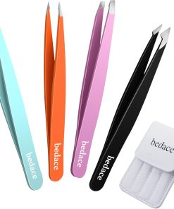 bedace Kadınlar için Cımbız, yataklı Çorap Çorabı 4 Paket Kaşlar için Hassas Cımbız, Profesyonel Eğimli Uçlu Cımbız Seti, Batmış Saçlar için, Hediye için Deri Seyahat Çantalı Günlük Güzellik Aracı