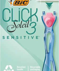 BIC Soleil Click Sensitive 1 Gövde & 2 Başlık Kadın Tıraş Bıçağı (3 Bıçak), Oynar Başlıklı, Aloe Vera ile Zenginleştirilmiş Kayganlaştırıcı Jel Şerit