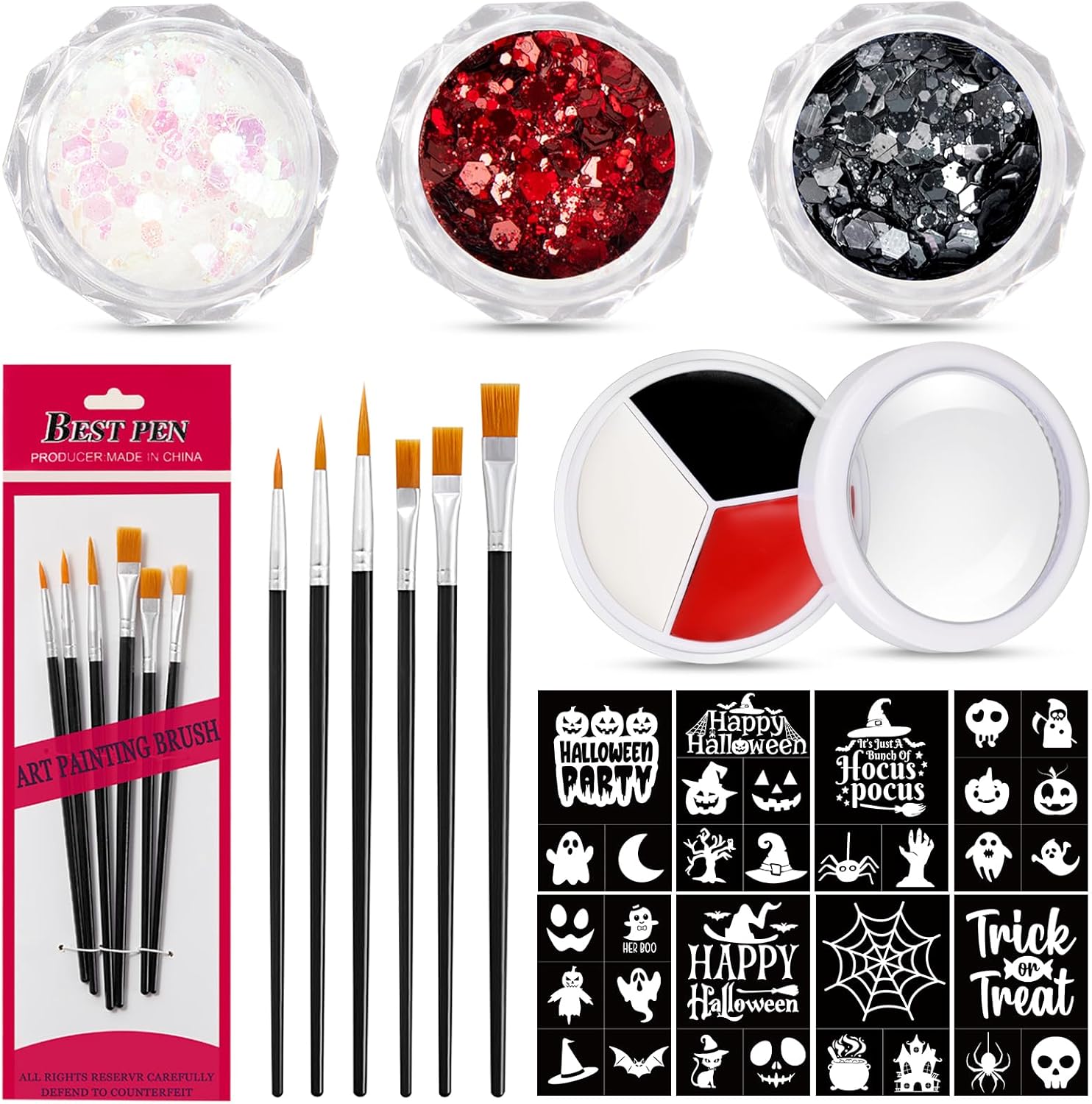 18 adet cadılar bayramı yüz boya kiti 3 renk kırmızı beyaz siyah yüz boya kiti Glitter Stencil makyaj fırçası cadılar bayramı Cosplay parti malzemeleri